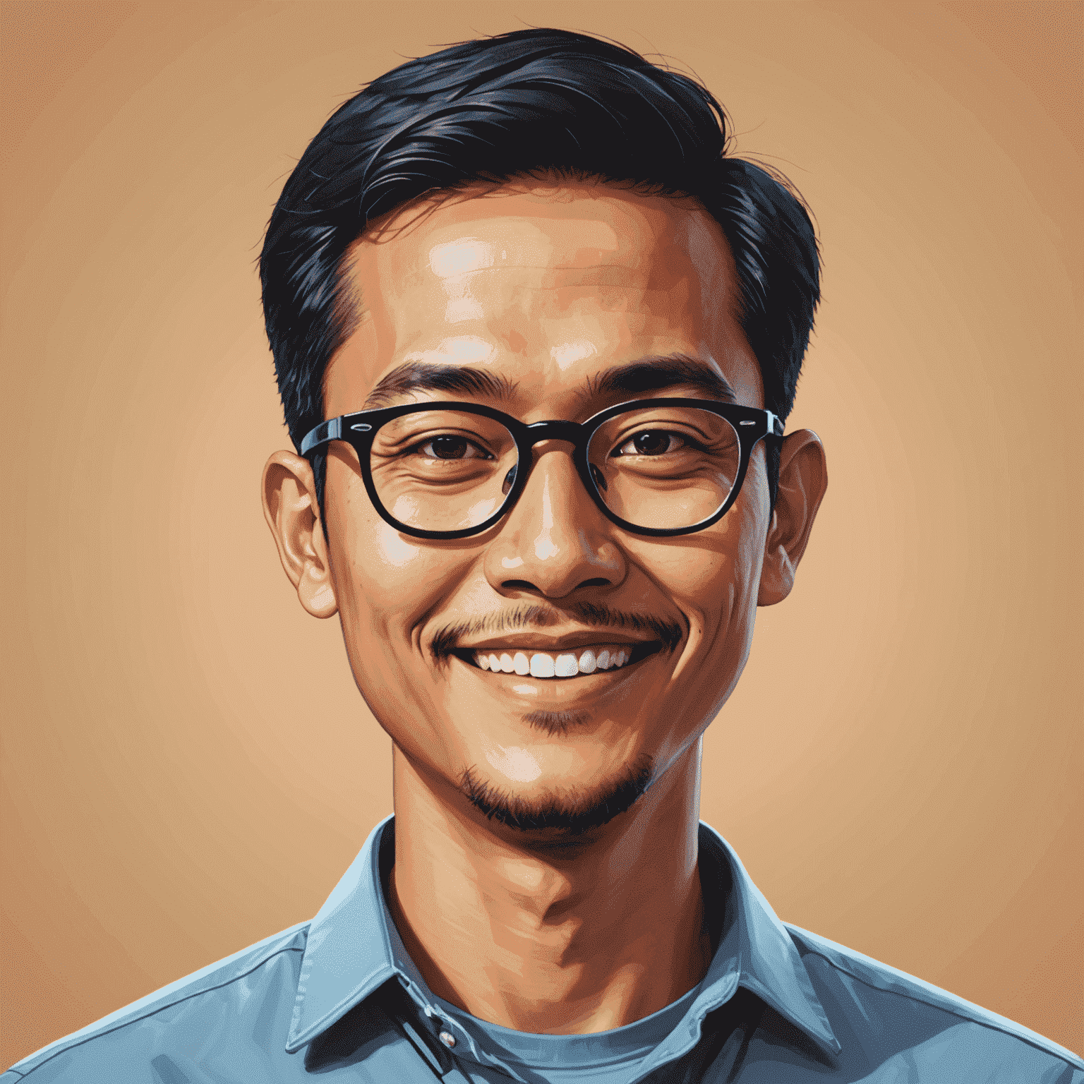 Foto Budi Santoso, pendiri GameClubBoard. Pria Indonesia berusia 30-an dengan kacamata bulat dan senyum ramah.