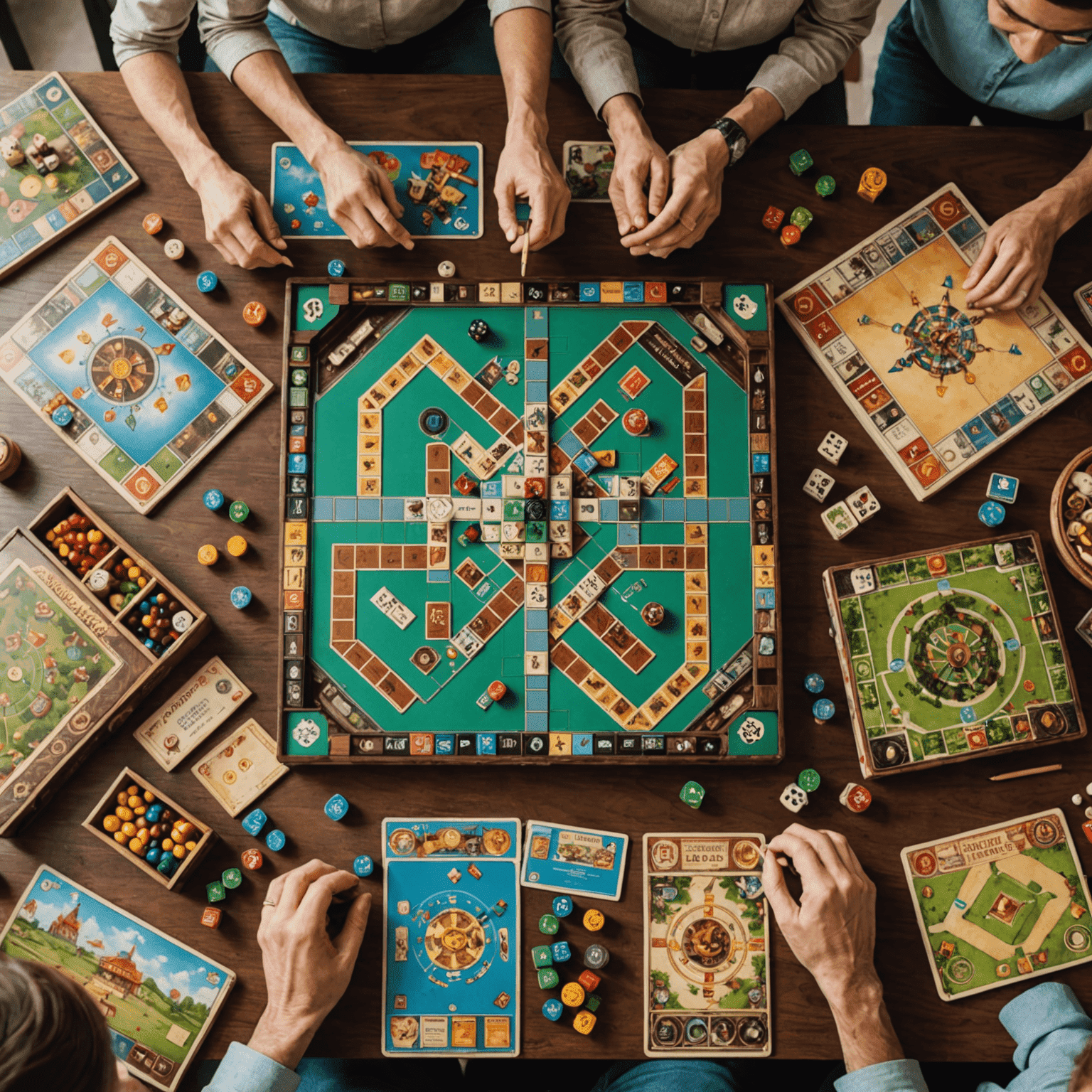 Berbagai papan permainan populer disusun rapi di atas meja, dengan pemain beragam usia di sekitarnya