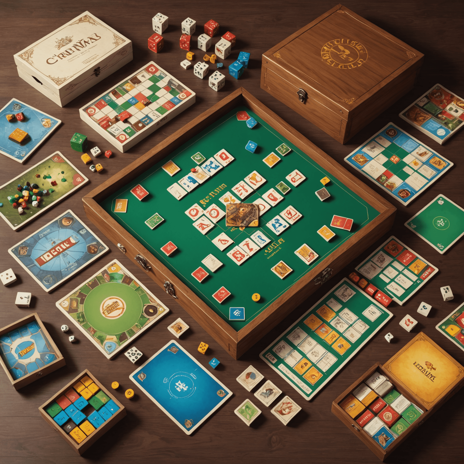 Ilustrasi berbagai permainan papan populer untuk klub game baru, menampilkan meja dengan beberapa kotak permainan yang terbuka dan komponen permainan yang tersebar.