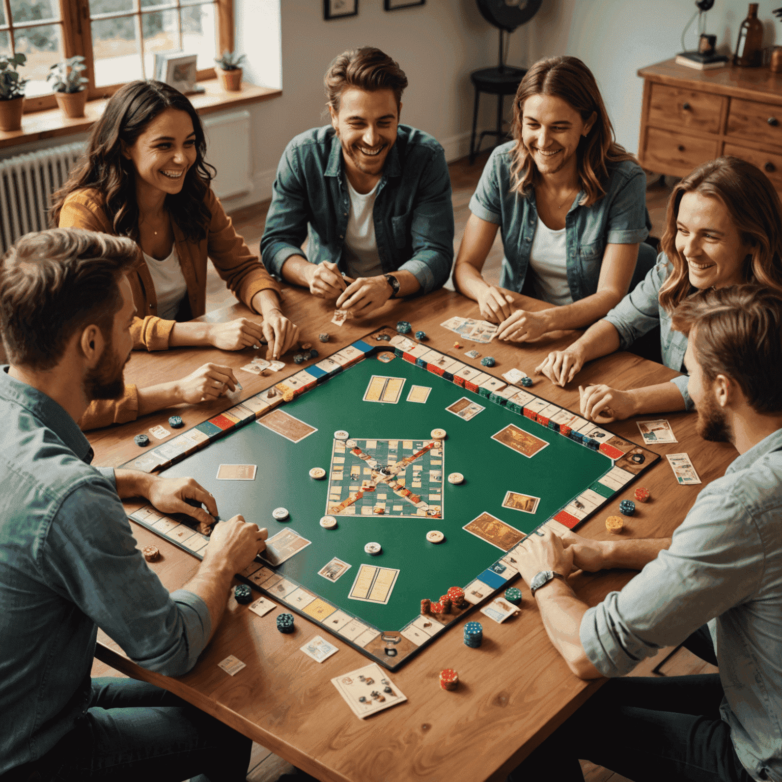 Sekelompok orang bermain permainan papan bersama di meja besar, terlihat gembira dan antusias