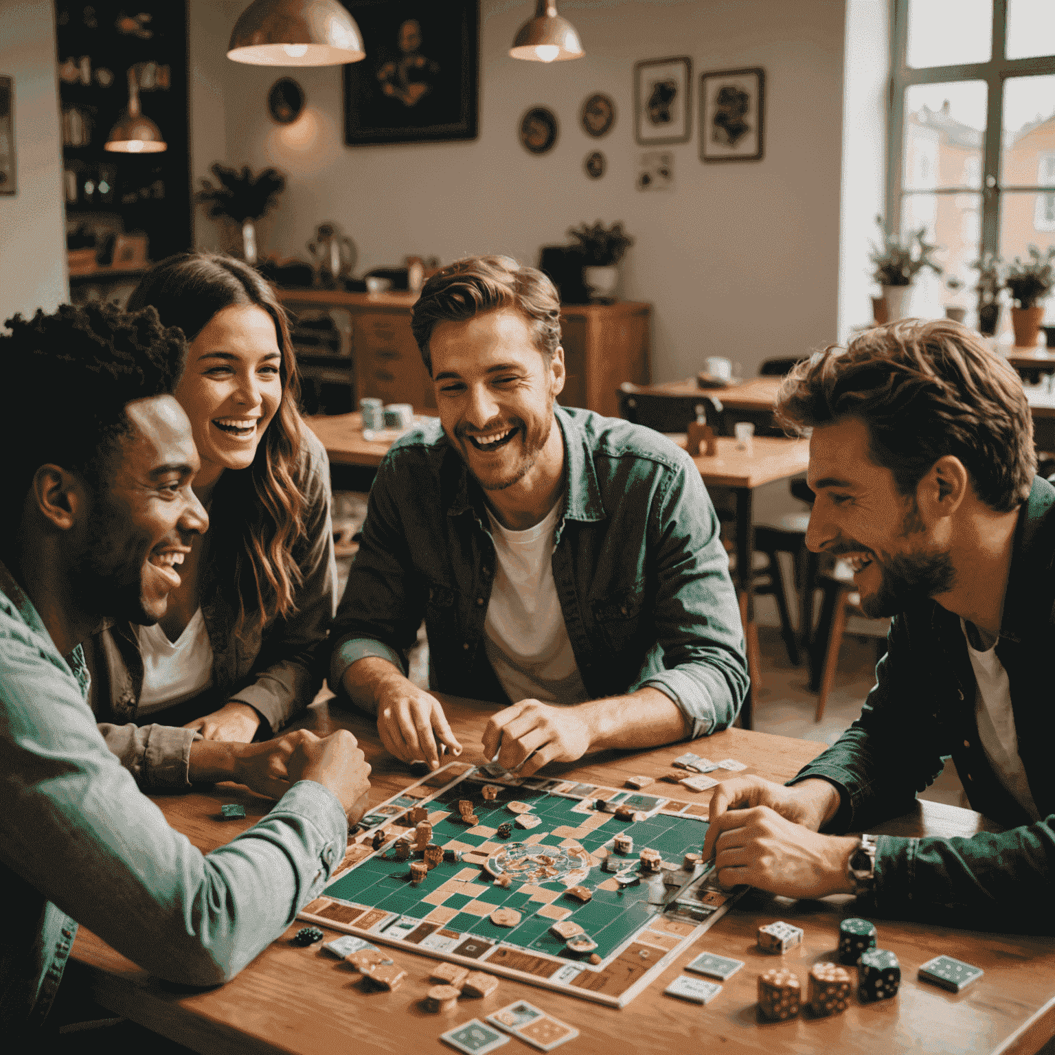 Sekelompok teman sedang bermain permainan papan di meja, tertawa dan berinteraksi. Berbagai permainan papan terlihat di sekitar meja.