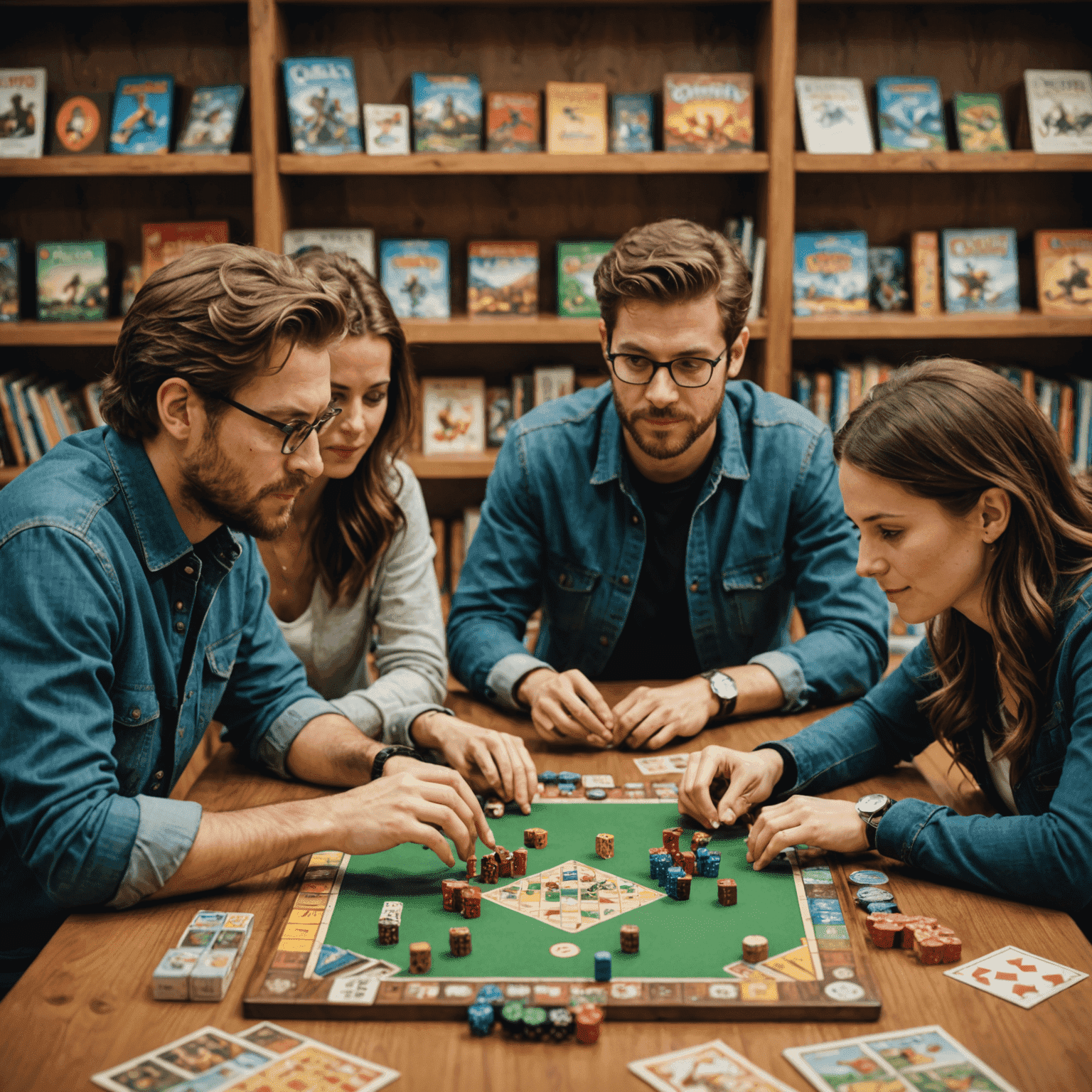 Sekelompok orang bermain berbagai permainan papan di meja, dengan rak penuh permainan di latar belakang