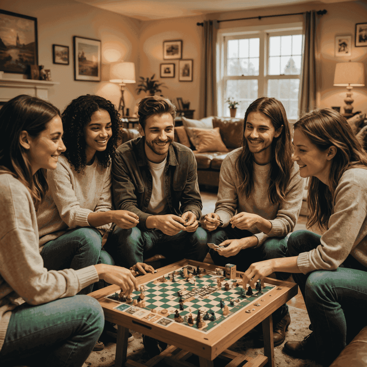 Sekelompok teman sedang bermain papan permainan di ruang tamu yang nyaman, dengan makanan ringan dan minuman di sekitar mereka