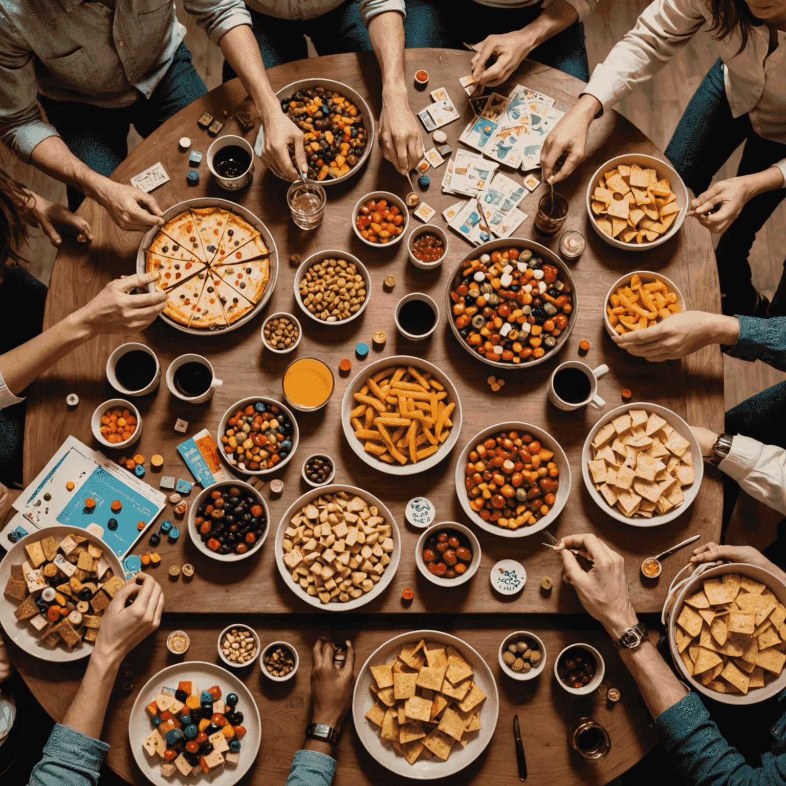 Gambar sekelompok orang yang sedang mempersiapkan meja untuk malam permainan papan, dengan makanan ringan, minuman, dan berbagai permainan papan yang tersusun rapi.