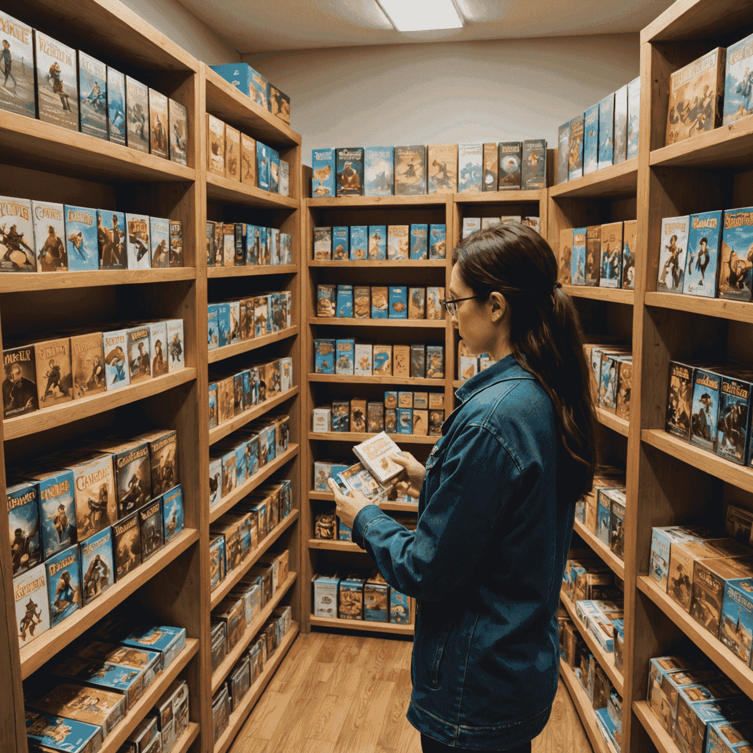 Berbagai kotak permainan papan yang disebutkan dalam artikel, disusun rapi di rak, dengan beberapa anggota klub game memilih permainan