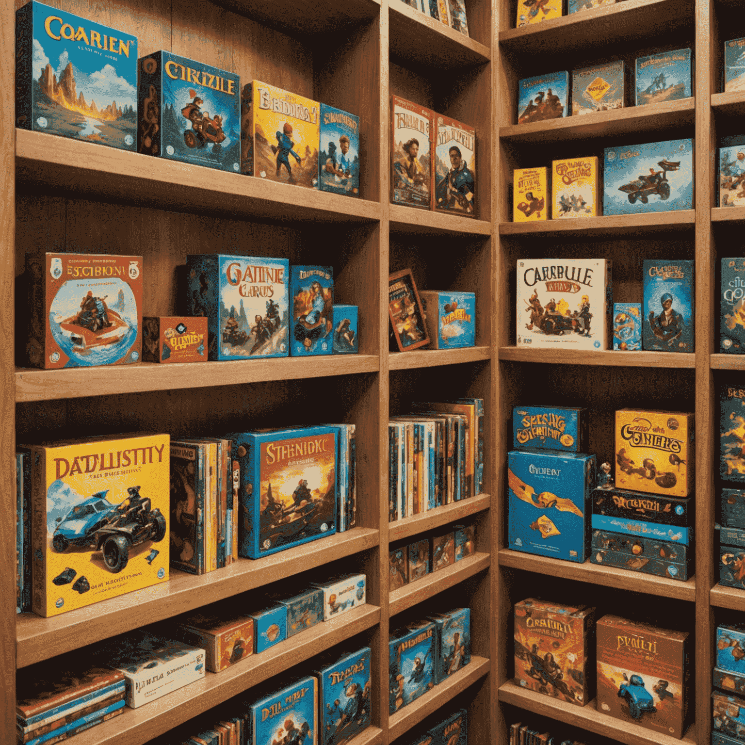 Rak penuh dengan berbagai permainan papan, menunjukkan keragaman genre dan gaya permainan