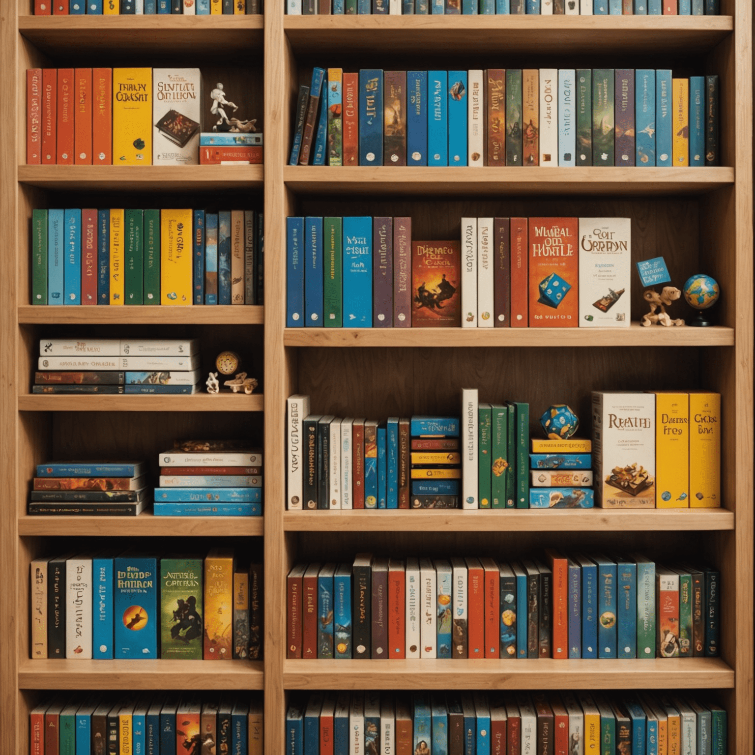 Rak buku yang penuh dengan berbagai permainan papan dari berbagai genre dan tingkat kesulitan, menunjukkan koleksi yang beragam namun terjangkau.