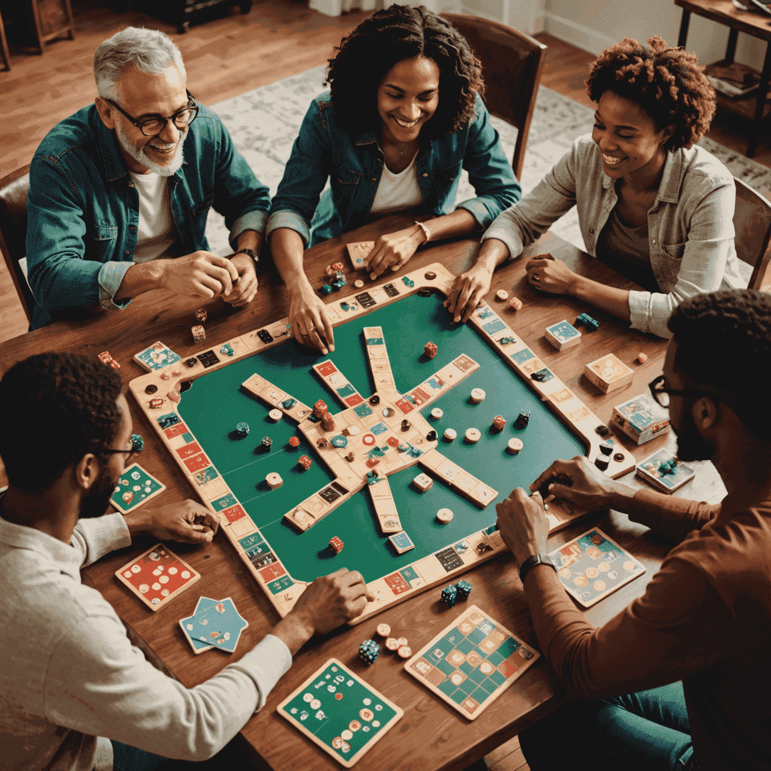 Gambar yang menunjukkan kelompok beragam orang dari berbagai latar belakang, usia, dan kemampuan yang sedang bermain permainan papan bersama dengan gembira.