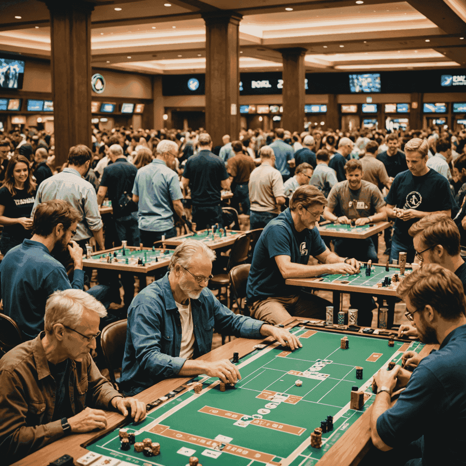 Suasana turnamen permainan papan yang ramai dengan banyak meja permainan, papan skor, dan peserta yang antusias bermain di berbagai stasiun.
